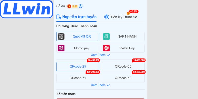 Nạp tiền LLwin bằng quét mã QR, chuyển khoản